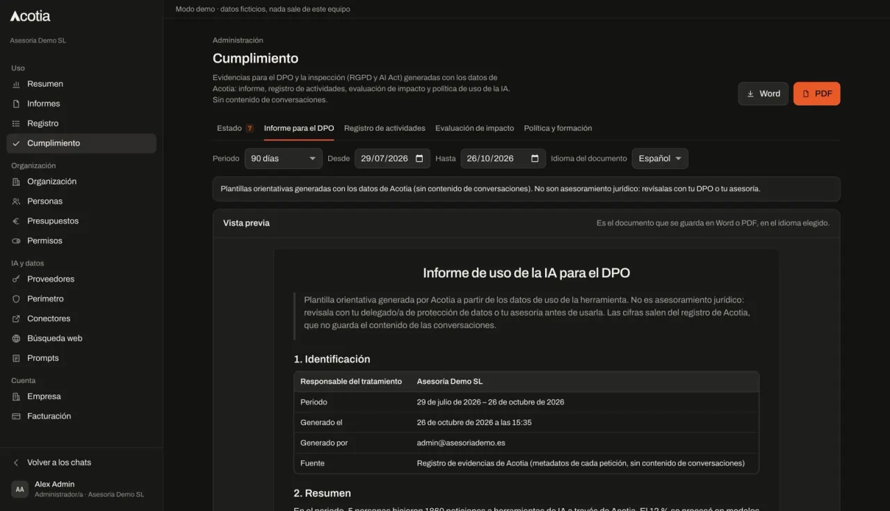 Preview of the AI use report for the DPO in Acotia, with buttons to save it as Word or PDF.
