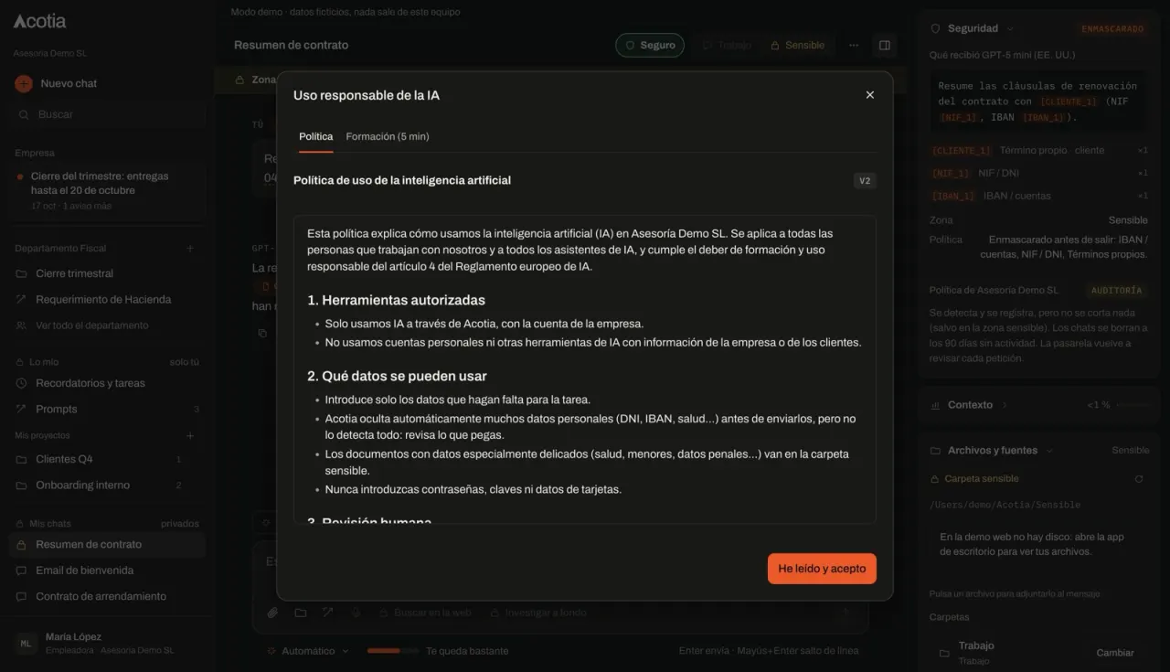 Acotia notice showing the company's AI use policy and the “He leído y acepto” (I have read and accept) button.